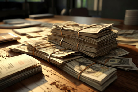 Stack of money on table, closeup. Financial crisis concept.の素材