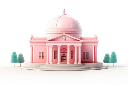 3D Illustration of a Pink School Building on a White Backgroundの素材
