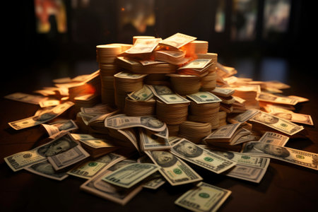 Pile of dollar banknotes on a wooden table in a casinoの素材