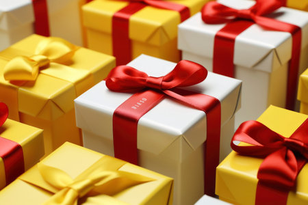 Gift boxes with red ribbons. 3d render illustration.の素材