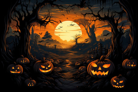 Halloween background with scary pumpkins in the forest. Vector illustrationの素材
