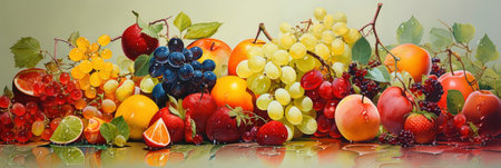 Fruits and berries with water drops on a white background. Collage.の素材