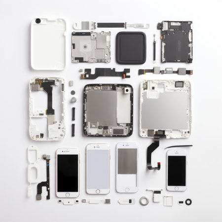 Disassembled mobile phone on white background. Top view. Flat lay.の素材