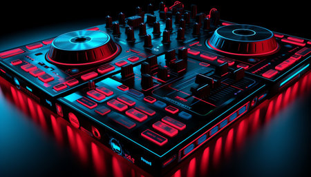 Dj mixer in blue and red light. 3d illustration.の素材