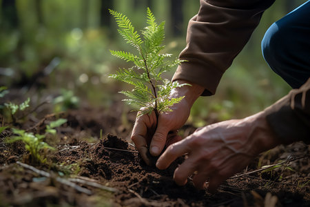 Close-up of male hands planting a small tree in the groundの素材