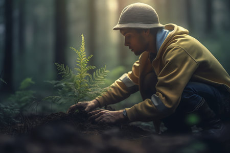 Young man planting a tree in the forest. Environment conservation concept.の素材