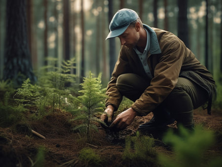 A man is planting a tree in the forest. The concept of environmental protection.の素材