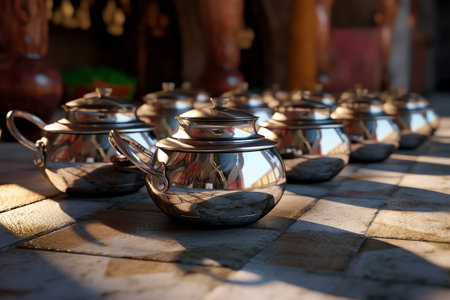 Coffee pots and utensils on a stone floor.の素材
