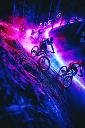 Photo of cyclists going down a hill at nightの素材