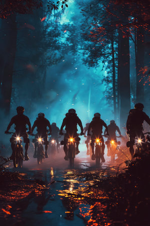 Photo of cyclists going down a hill at nightの素材