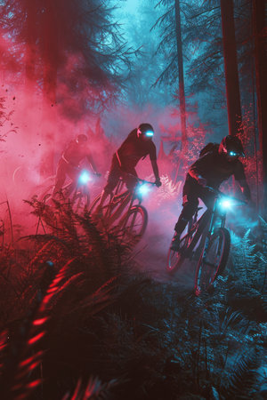 Photo of cyclists going down a hill at nightの素材