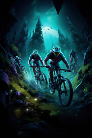 Photo of cyclists going down a hill at nightの素材