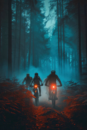 Photo of cyclists going down a hill at nightの素材