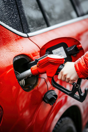 Photo a person pumping gasoline fuel in car at gas stationの素材