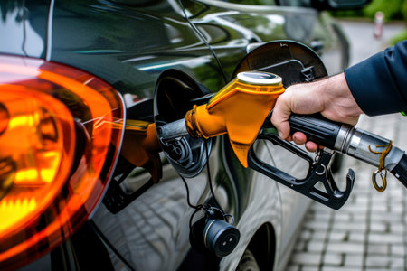 Photo a person pumping gasoline fuel in car at gas stationの素材