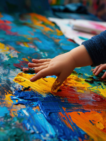 Close-up of a child's hand finger painting with vibrant colorsの素材