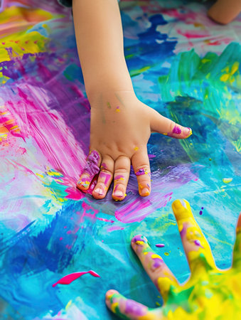 Close-up of a child's hand finger painting with vibrant colorsの素材