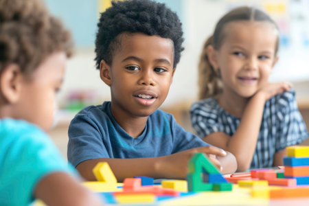 Diverse kids enjoying learning activities with toys indoorsの素材