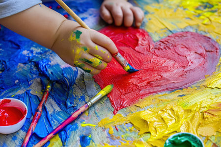 Creative kid painting heart with bright colors and brushの素材