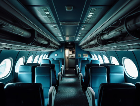 Empty Airplane Cabin Interior with Row of Seats and Aisleの素材