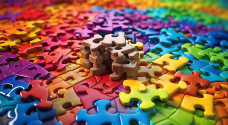 Colorful jigsaw puzzle pieces on colorful background. Teamwork conceptの素材