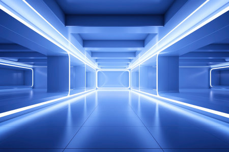 Futuristic interior with neon lights, 3d rendering. Computer digital drawing.の素材