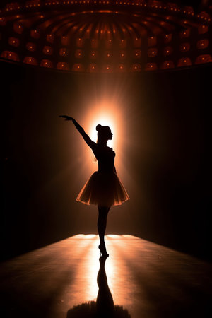 Ballerina performing in a dramatic stage lightingの素材