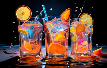 Cocktails with ice cubes and orange slices on black background.の素材