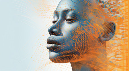 3D rendering of a female face with a binary code in the backgroundの素材