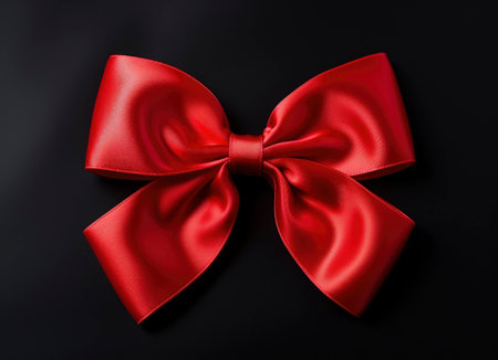 Red satin bow on black background. Flat lay, top view.の素材