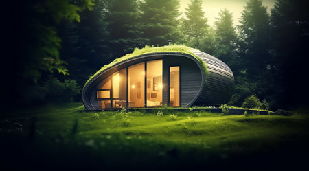 Modern house in the forest. Mixed media. Mixed media. Mixed mediaの素材