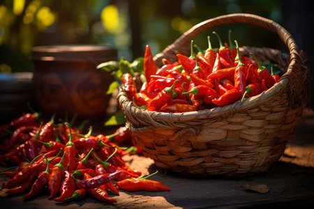 Photo of a basket filled with chili peppersの素材