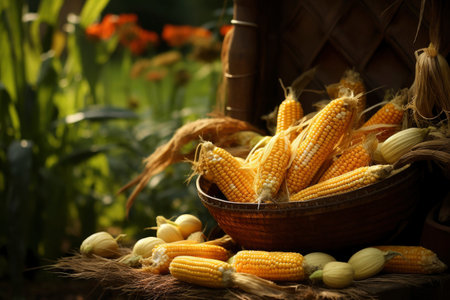 Photo of a basket filled with raw cornの素材