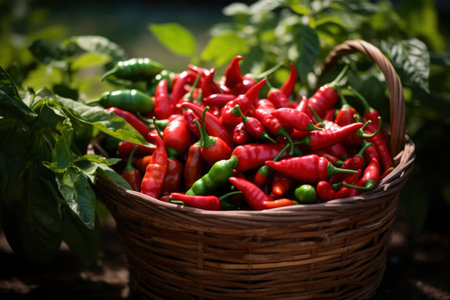 Photo of a basket filled with chili peppersの素材