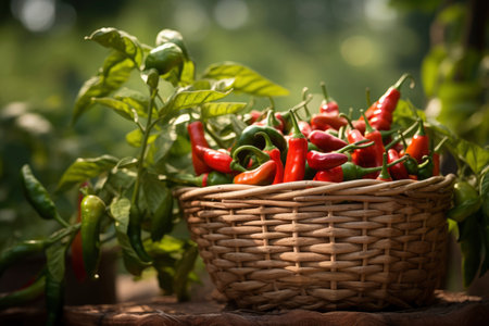 Photo of a basket filled with chili peppersの素材