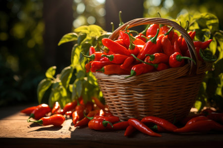 Photo of a basket filled with chili peppersの素材