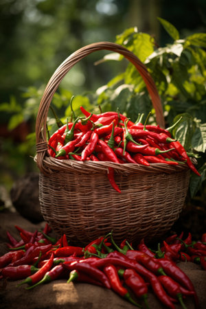 Photo of a basket filled with chili peppersの素材