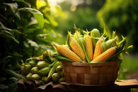 Photo of a basket filled with raw cornの素材