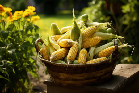 Photo of a basket filled with raw cornの素材