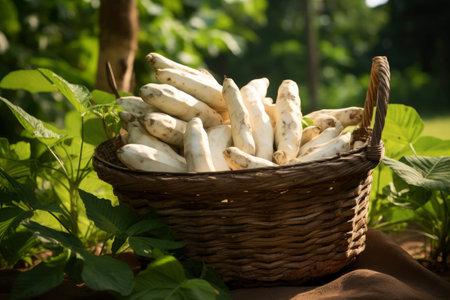 Photo of a basket filled with cassavaの素材