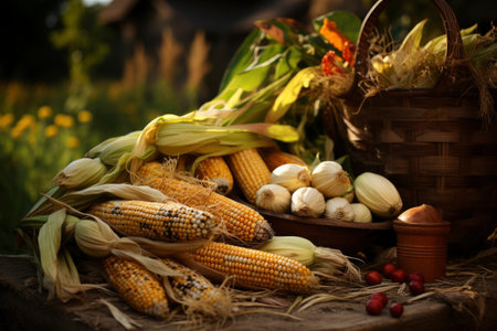 Photo of a basket filled with raw cornの素材