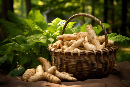 Photo of a basket filled with cassavaの素材