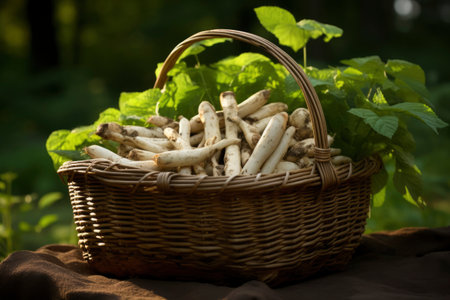 Photo of a basket filled with cassavaの素材
