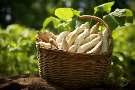 Photo of a basket filled with cassavaの素材