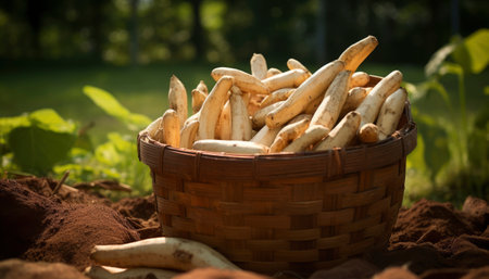 Photo of a basket filled with cassavaの素材