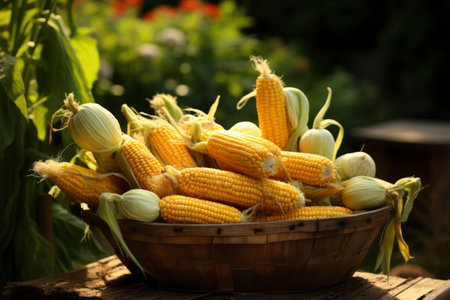 Photo of a basket filled with raw cornの素材