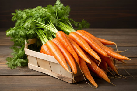 Photo of a basket filled with fresh carrotsの素材