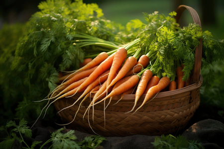 Photo of a basket filled with fresh carrotsの素材