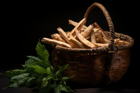 Photo of a basket filled with cassavaの素材