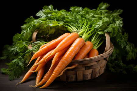 Photo of a basket filled with fresh carrotsの素材